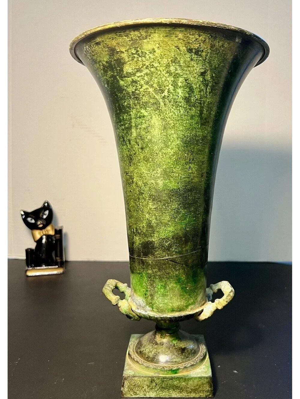 Blue Ridge Design 1980s Brass Enamel Verdigris Trumpet Urn Vase, 8x14”
